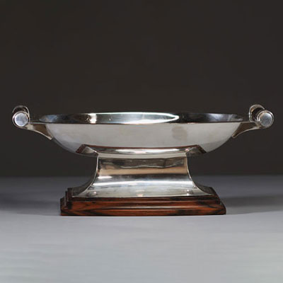 Victor SAGLIER (1809-1894) SAGLIER & Frères - Milieu de table, coupe Art Déco en métal argenté et bois noble, poinçon d'orfèvre.