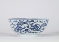 Bol en porcelaine bleu et blanc à décor de dragons poursuivant la perle sacrée, Chine, marque Kangxi