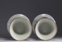 China - A pair of famille rose porcelain vases decorated with dignitaries, courtesans and poems, 19th century.