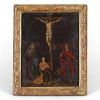 Le Christ en croix entouré de la Vierge, saint Jean et Marie-Madeleine Huile sur cuivre,  probablement flamande ou espagnole – XVIIe siècle - cadre doré à décor rocaille.