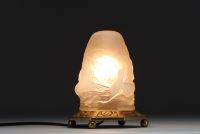 VERLYS France - Nightlight in opalescent glass decorated with wild ducks, bronze base, circa 1930