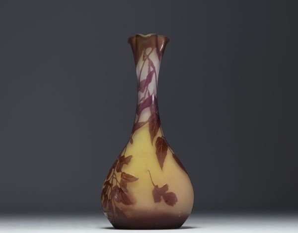 Émile GALLÉ (1846-1904) Acid-etched multi-layered glass three-lobed neck vase with wisteria design, signed.