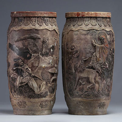 Japan - Pair of stoneware vases decorated with figures and animals, Meiji period.