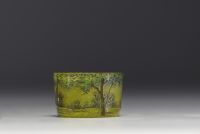 DAUM Nancy - Saleron in acid-etched and enamelled multi-layered glass with forest décor, signed.