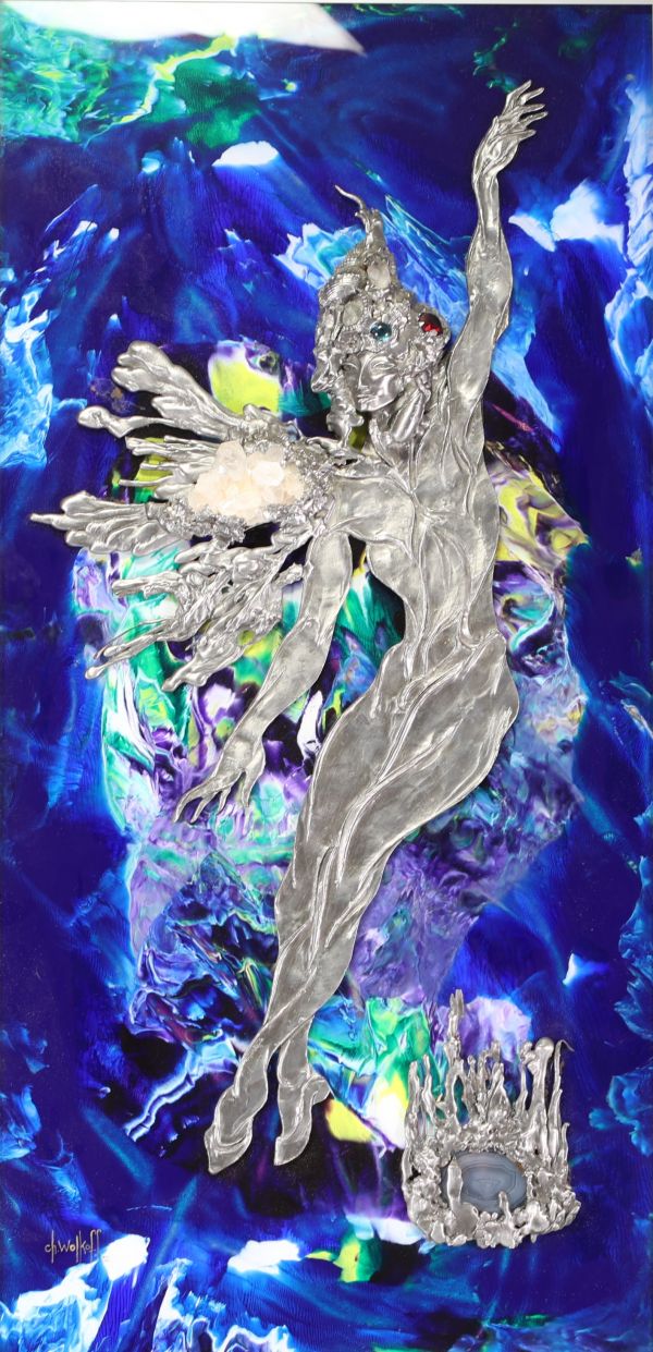 Chantal WOLKOFF (1949- ) Fixed under glass and bas relief in pewter with rock crystal and stone inclusions, signed.