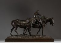 Pierre Robert CHRISTOPHE (1880-1971) ‘The farmer and his horses’ Bronze with brown patina, signed on the terrace.