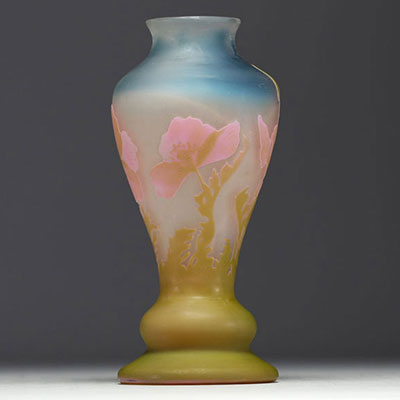 Émile GALLÉ (1846-1904) Acid-etched multi-layered glass vase with floral design, signed.