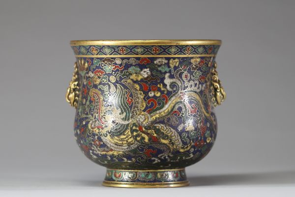 Brûle-parfum en émail cloisonné, décor de dragons et phénix, marque 