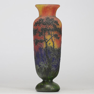 Daum Nancy Vase en verre multicouche gravé à l’acide à décor lacustre, vers 1900