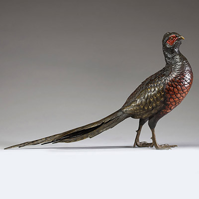 Franz Xavier BERGMANN (1861-1936) Bronze de Vienne animalier polychrome représentant un faisan, signé.