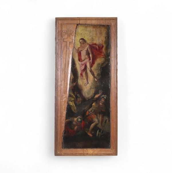 Scène de Résurrection ou Ascension du Christ Huile sur bois –XVIIe siècle  (probablement italienne ou espagnole) Fragment d’un panneau d’autel ou de prédelle.