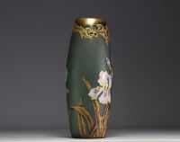 MONTJOYE Verrerie de Saint-Denis - Imposing acid-etched frosted glass vase with enamelled iris decoration, Montjoye mark under the piece.