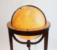 GIRARD & BARRERE, Paris - Luminous glass globe, tripod mahogany base, zodiac signs on wooden belt, circa 1930