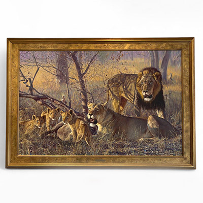 ohn E. BANOVICH (né en 1964) – Famille de lions dans la savane, huile sur toile