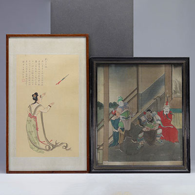 Lot de deux tableaux sous verre à décor de personnages