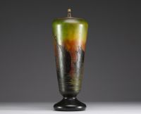 DAUM Nancy - Lamp base in acid-etched multi-layered glass decorated with sailboats, signed in the decoration.
