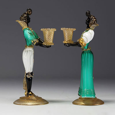 Murano - Pair of blown glass candlesticks with gold flakes.