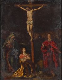 Le Christ en croix entouré de la Vierge, saint Jean et Marie-Madeleine Huile sur cuivre,  probablement flamande ou espagnole – XVIIe siècle - cadre doré à décor rocaille.