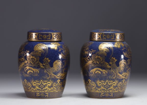 Paire de vases couverts en porcelaine bleu poudré, à décor de coqs et de fleurs à l'or, dynastie Qing, XIXe siècle.
