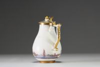 Meissen - Soft paste polychrome porcelain hot milk jug, painted port decoration, crossed swords mark, 18th century.