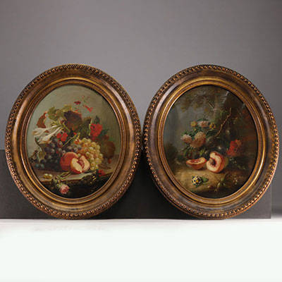 Paire de nature morte aux fruits et aux fleurs, huiles sur toile,  XIXe siècle.
