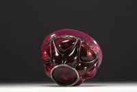 DAUM Nancy and Louis MAJORELLE (1859-1926) - Pink red blown glass bowl with inclusion and Majorelle wrought iron frame, signed.