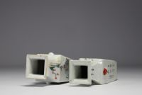 China - Set of two famille rose porcelain vases decorated with magi, ladies, landscapes and poems, red marks under the pieces.