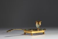 Hand candlestick in enamelled cloisonné bronze and miniature on porcelain, 19th century.
