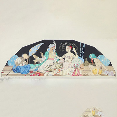 Emile Berchmans (1867–1947) Jeunes orientales – Aquarelle, période Art Déco  Scène élégamment stylisée représentant un groupe de jeunes femmes orientales en conversation, dans un décor intérieur