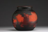 MULLER Frères Lunéville - Acid-etched multi-layered glass vase decorated with a lakeside landscape, signed.