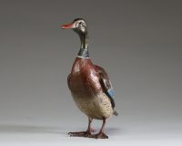 Franz Xavier BERGMANN (1861-1936) Bronze de Vienne animalier polychrome représentant un canard Col vert, signé et monogrammé.