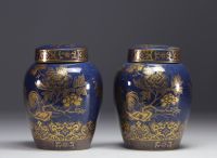Paire de vases couverts en porcelaine bleu poudré, à décor de coqs et de fleurs à l'or, dynastie Qing, XIXe siècle.