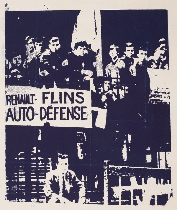 Mai 68 – Renault – Flins – Auto-défense  Affiche originale réalisée en sérigraphie couleur mauve. Cachet ministère d’État Affaires Culturelles, toute sa marge non coupée, T.B.E. Non entoilée  45,4X44,2 cm