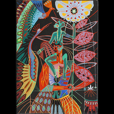 Papa Ibra Tall (1935-2015) Projet préliminaire de la tapisserie « Njaay » ou « Féerie de la brousse »Gouache sur papier noir, vers 1965. 