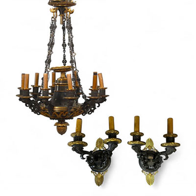 Lustre et appliques en bronze à deux patines, époque Charles X.