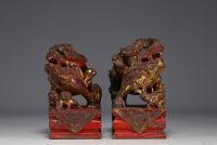 China - Pair of gilded and polychromed carved stone Fô dogs, 18th century.