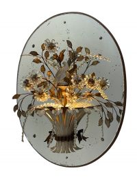 Maison Bagues - Rare pair of large sconces forming baskets of flowers in metal and glass topped with moulded glass parrots.