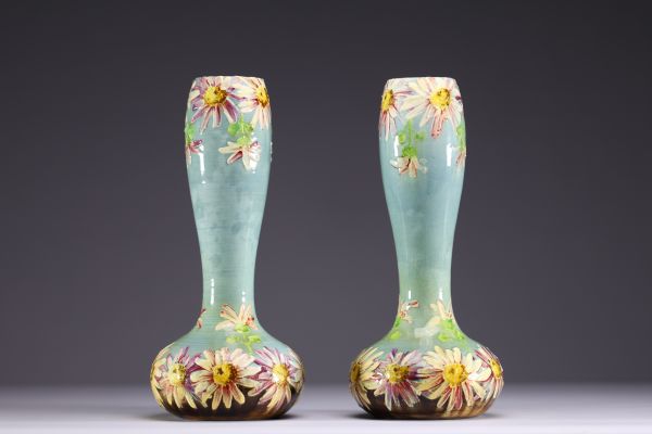 Pierre PERRET (XIX-XX) for Vallauris - Pair of Art Nouveau glazed ceramic vases with floral decoration, circa 1900.