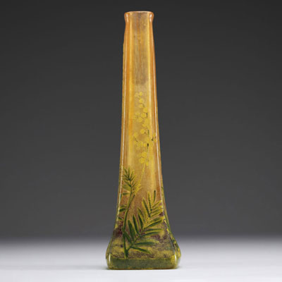 DAUM Nancy - Vase soliflore in acid-etched powder-coated glass with enamelled mimosa decoration, signed.