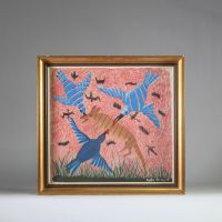 MWILA Huile sur panneau représentant une scène animalière, RD Congo / Elisabethville ( Lubumbashi). Artiste issu de l’atelier du Hangar de Pierre Romain Desfossés . Œuvre achetée directement à l’artiste par un professeur belge en poste à l’académie des beaux arts de Lubumbashi. Dimensions : hors cadre