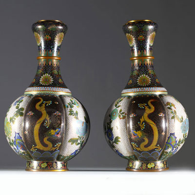 China - Pair of cloisonné enamel vases with flowers and dragons, Qing dynasty, circa 1900.