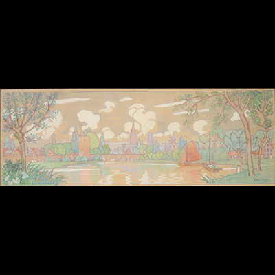 Rodolphe Wytsman (1860-1927), Le Lac d’Amour (Minnewater, Brugge), aquarelle sur papier, 21,7 x 60 cm, projet pour la fresque de salle à manger de Georges Hobé, Turin 1902.