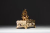 Silver and vermeil jewellery box, lid surmounted by a galleon, inlaid with cabochon semi-precious stones and pearls around the rim, Austria, 18th-19th century.