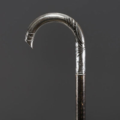 Cane with Art Deco motif in sterling silver, hallmark 800, Switzerland.