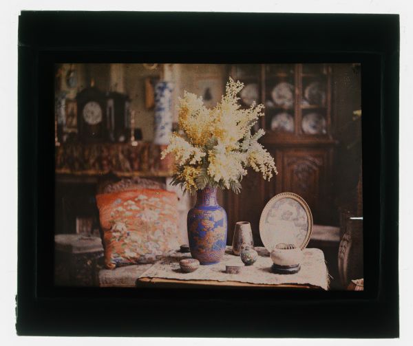 Léon Herlant (1873-1968) — 1 autochrome sur plaque Lumière, 12 x 9 cm.  Autochrome intimiste — Intérieur fleuri, circa 1910  Cet autochrome intimiste s'inscrit pleinement dans le courant de la peinture intimiste en vogue au tournant du XXᵉ siècle, où l'attention se porte sur les scènes d’intérieur, calmes et empreintes de sensibilité. La photographie capture un couloir tapissé d'un motif floral né