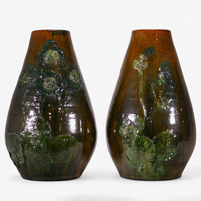 Arthur Craco (1869–1955) et Laignel (actif début XXe siècle) Paire de vases monumentaux en grès émaillé– vers 1900.
