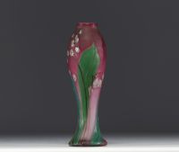 BURGUN & SCHVERER, Verrerie d'Art de Lorraine - Rare multi-layered glass vase with enamelled lily of the valley design, acid-etched on a pink background.