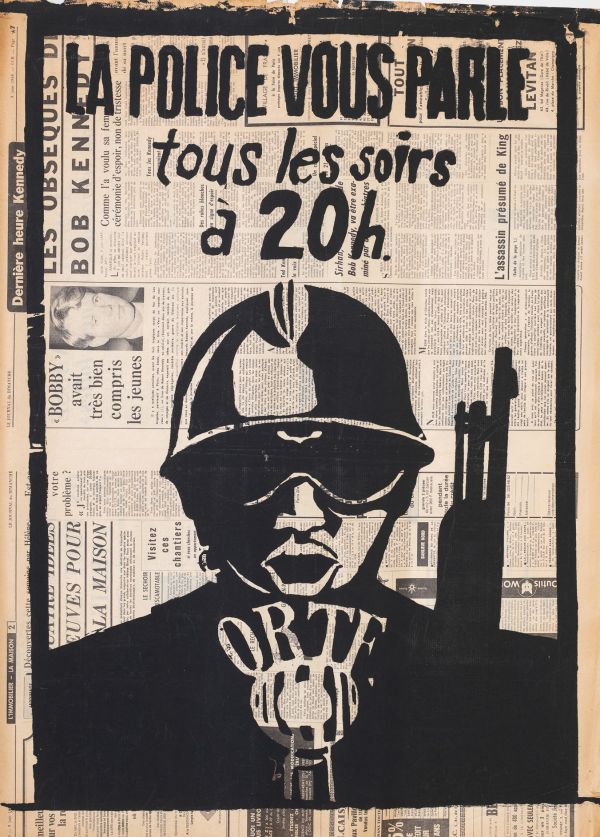 Mai 68 – La police vous parle tous les soir à 20h, ORTF  Affiche originale réalisée en sérigraphie couleur noir sur papier journal daté du 9 juin 1968. École Nle Supérieure des Beaux-Arts, toute sa marge non coupée, traces de plis, petites déchirures dans les marges, sujet intact. Non entoilée  85X60 cm