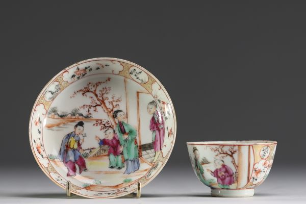 Chine - Bol et assiette en porcelaine polychrome à décor de personnages, époque Qianlong.