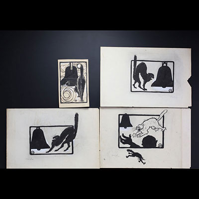 Théophile Alexandre STEINLEN (1859-1923) Four Indian ink drawings of the black cat, research study for the sign.